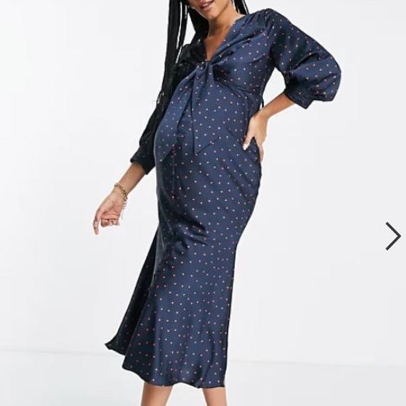 ASOS Design Maternity satin tie front midi dress with button Detail Navy Red 8 - Picture 2 of 8